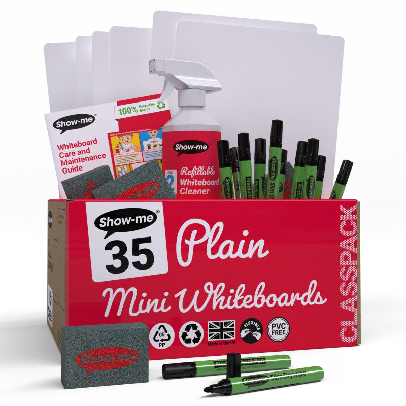 Classpack of 35 x A4 Plain/Plain Whiteboards, with Pens, Erasers, Cleaner