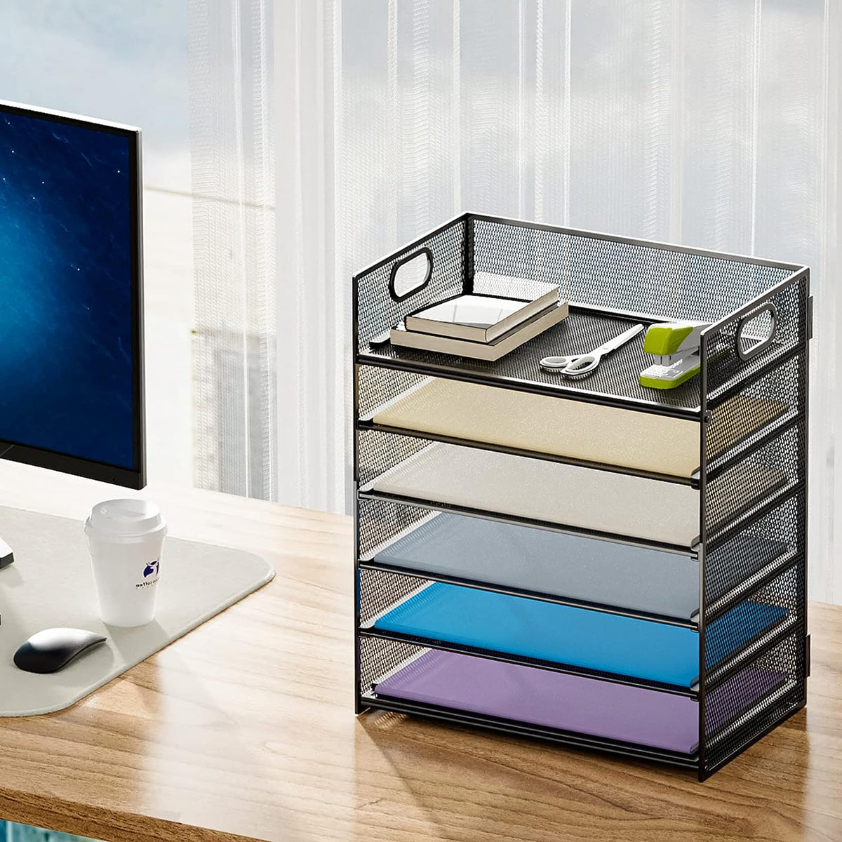 6 Tier Paper Organizer Letter Tray - Mesh Desk File Organizer with Handle, Paper Sorter Organizer for Letter/A4 Office File Folder Holder - Grey