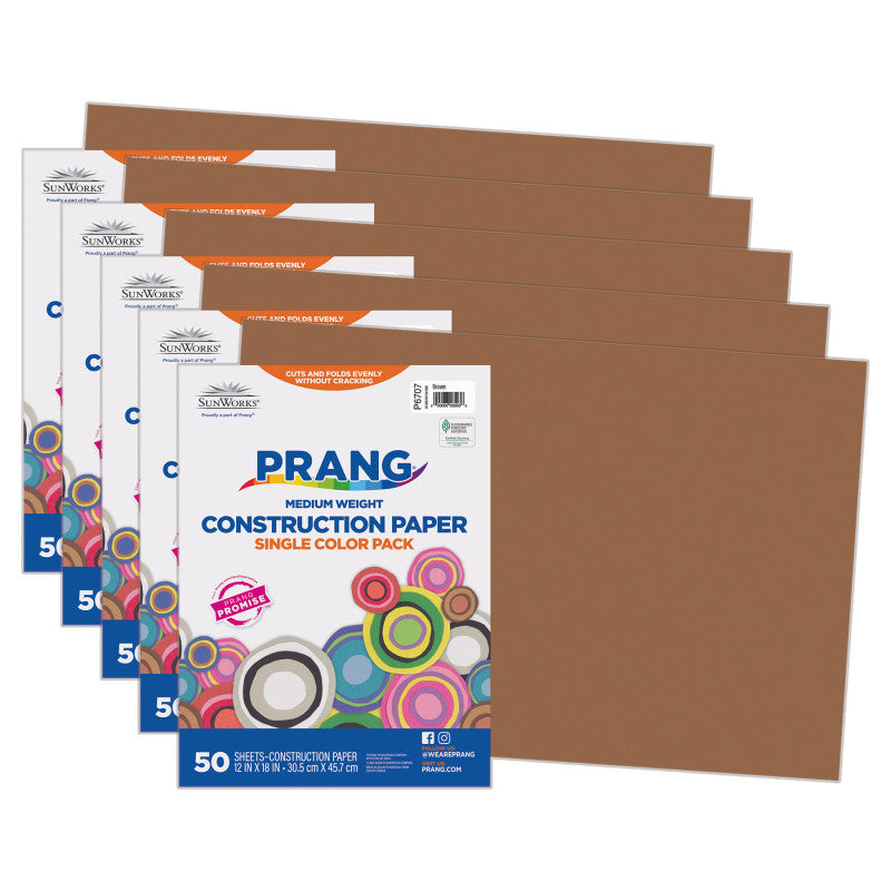 Construction Paper, Medium Weight, Brown, 12" x 18", 50 Sheets Per Pack, 5 Packs