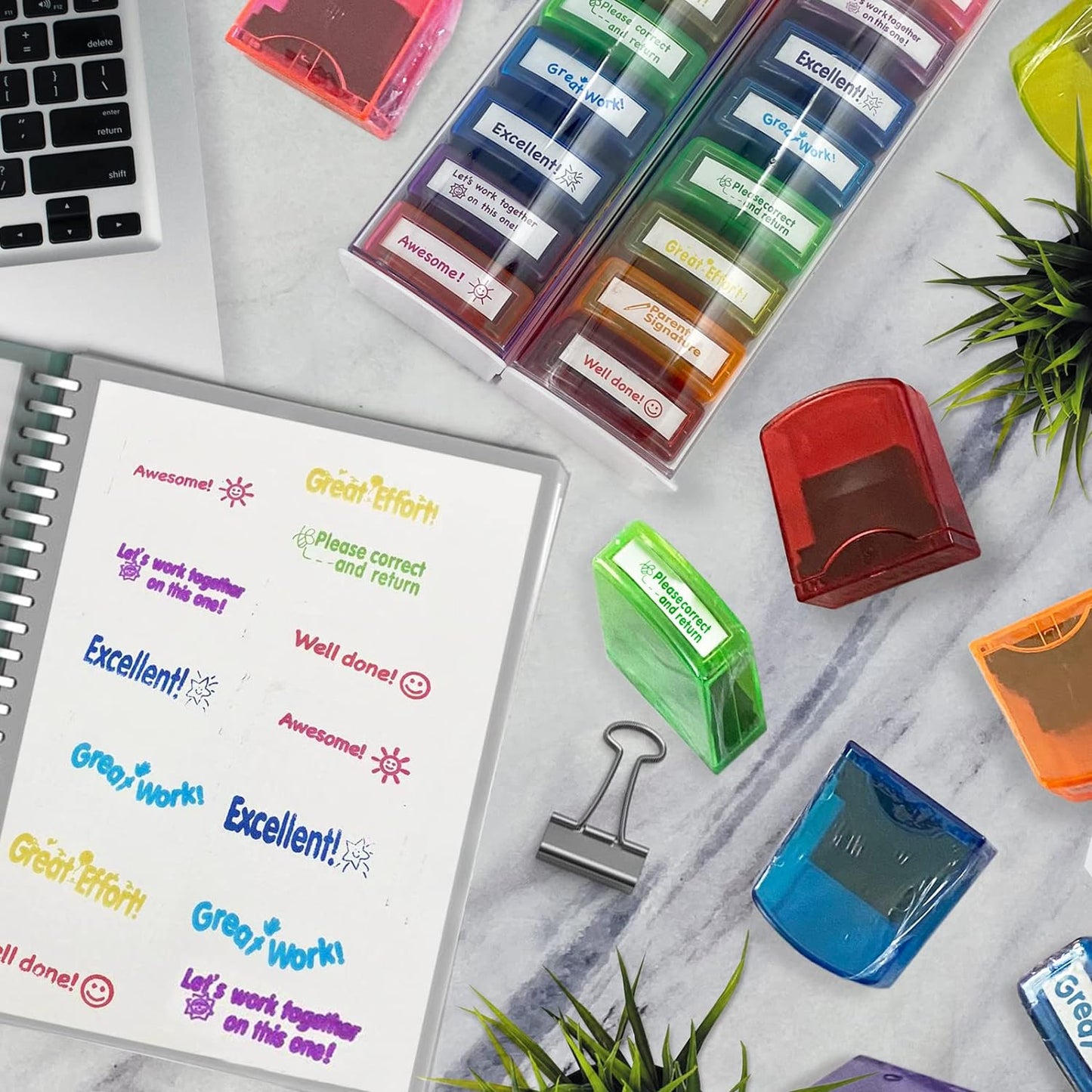 Teacher Stamps for Grading Classroom,Parent Signature Self-Inking Teacher Stamp Set School Supplies for Homework Reward for Elementary, 8 Pcs(Rainbow)
