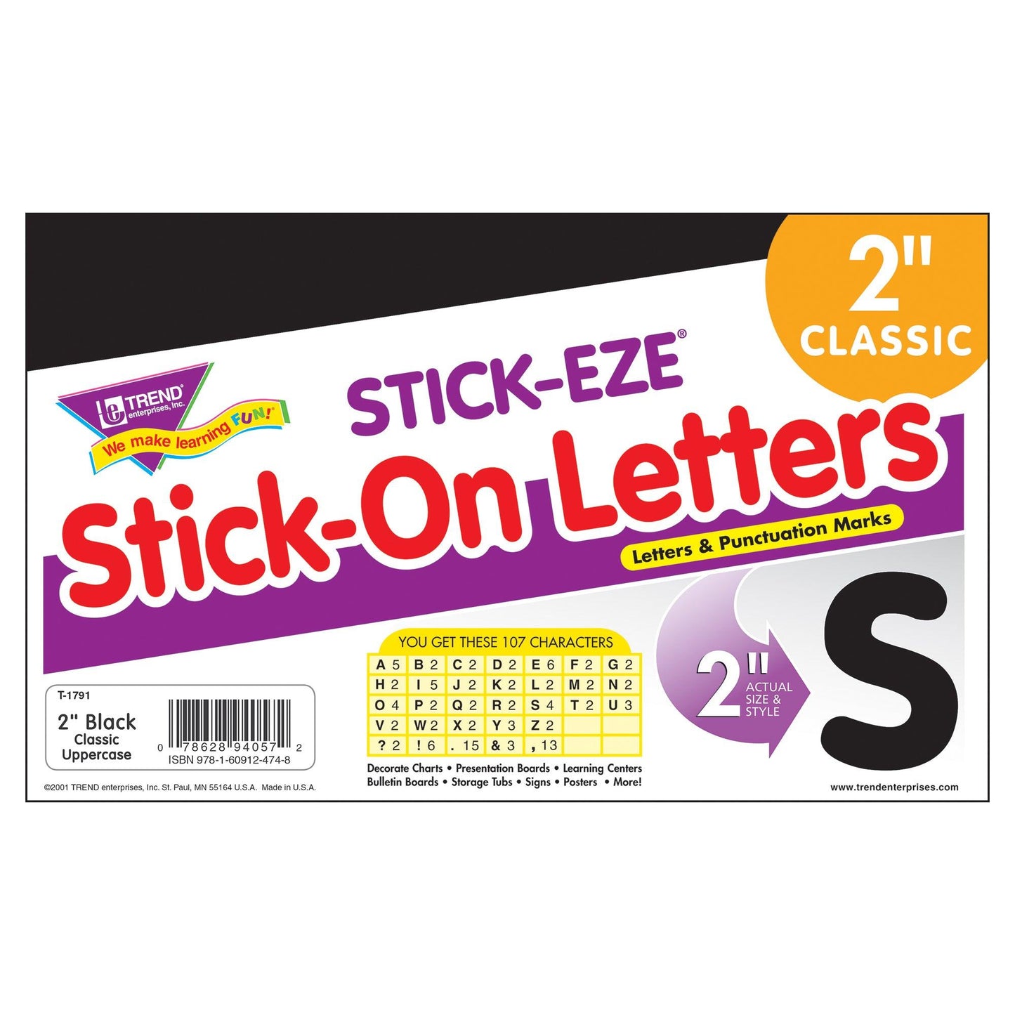 Black 2" STICK-EZE® Stick-On Letters, 107 Pieces Per Pack, 6 Packs - Loomini