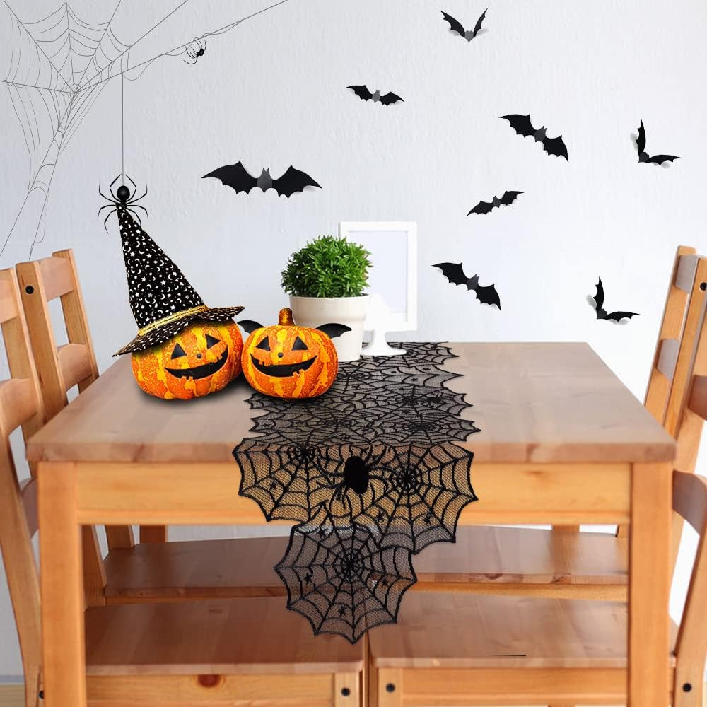 Halloween Decoration Table Runner with 3D Bats, Spider Web Black Lace Table Runner for Kitchen Dinner Table, Halloween Party Decoration Indoor - 13 X 72 Inch