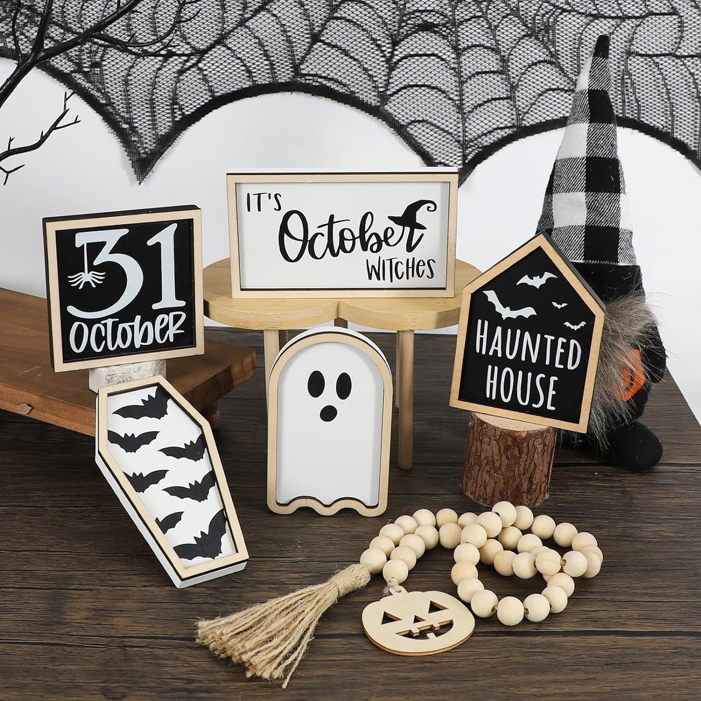 Halloween Decorations | Halloween Tiered Tray Decor | Bat Coffin, Haunted House, Ghost, Witches, October 31 Sign, Bead Garland | Halloween Decor | Halloween Centerpiece for Table Shelf