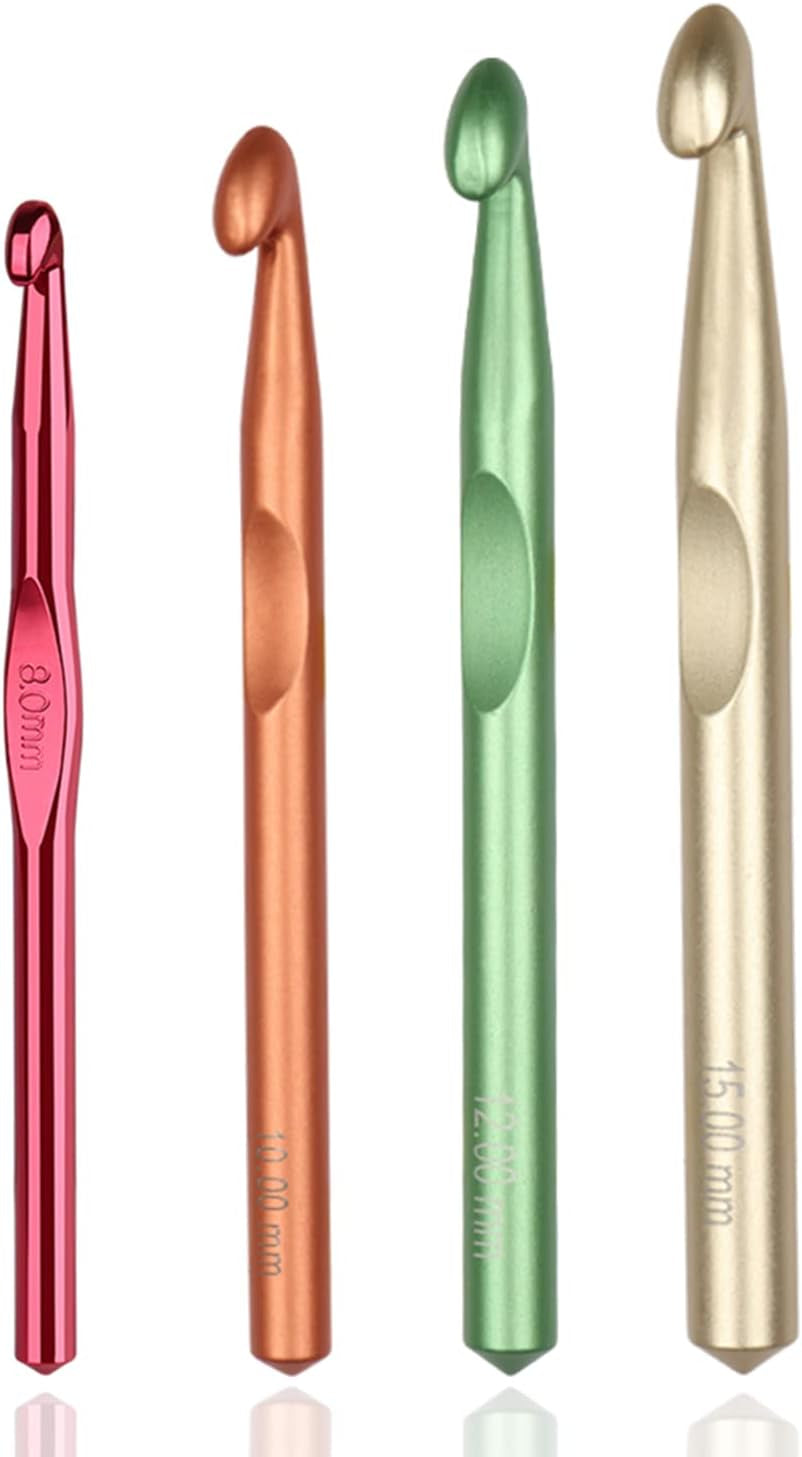 Large Sizes Crochet Hooks 4 Pcs Long Crochet Needles Set 8Mm 10Mm 12Mm 15Mm Rubber Handle Crochet Hook DIY Yarn Weaving Tools for Knitting Blankets, Shawl and Carpet