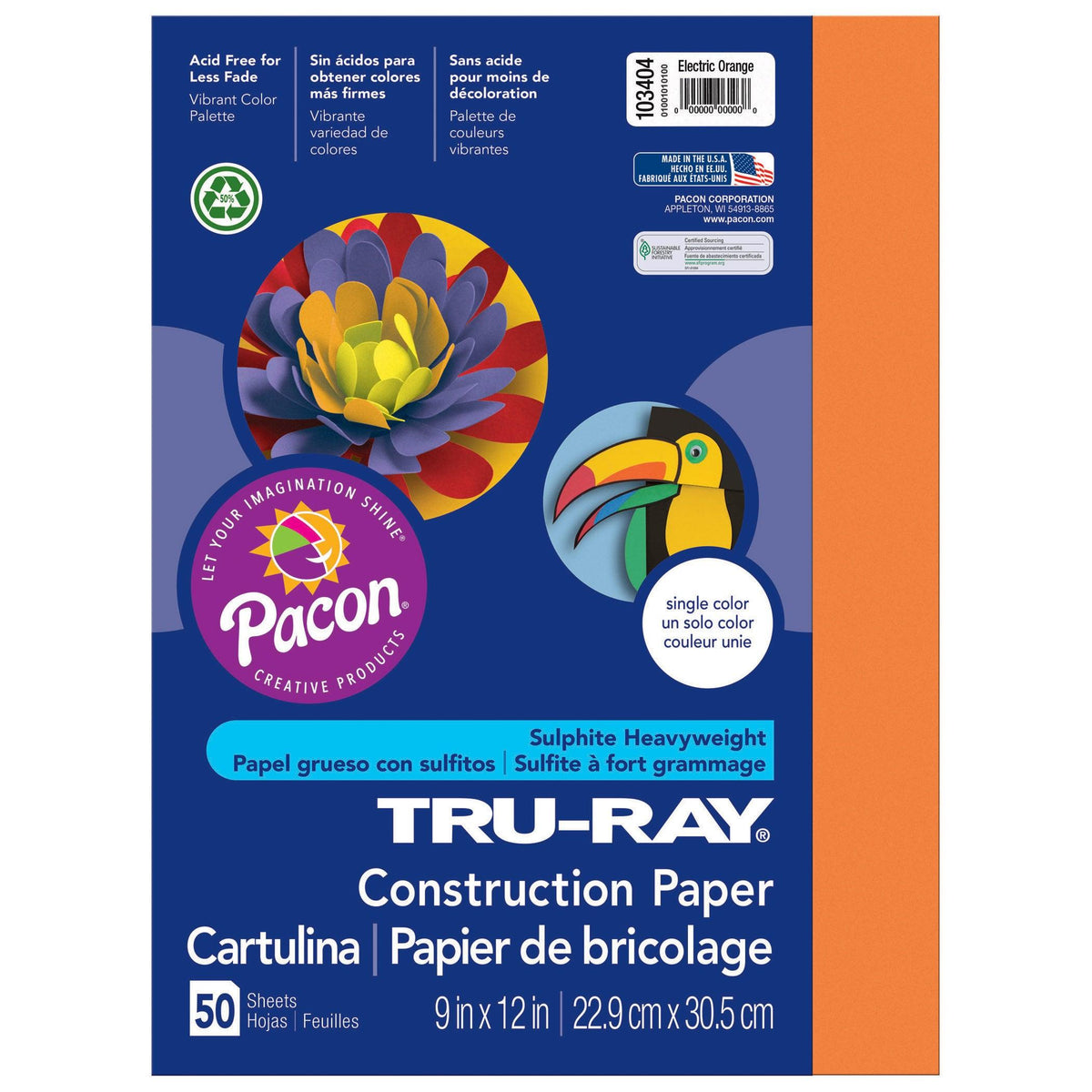 Construction Paper, Electric Orange, 9" x 12", 50 Sheets Per Pack, 5 Packs - Loomini