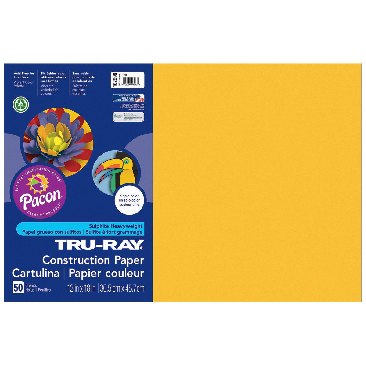Construction Paper, Gold, 12" x 18", 50 Sheets Per Pack, 5 Packs - Loomini