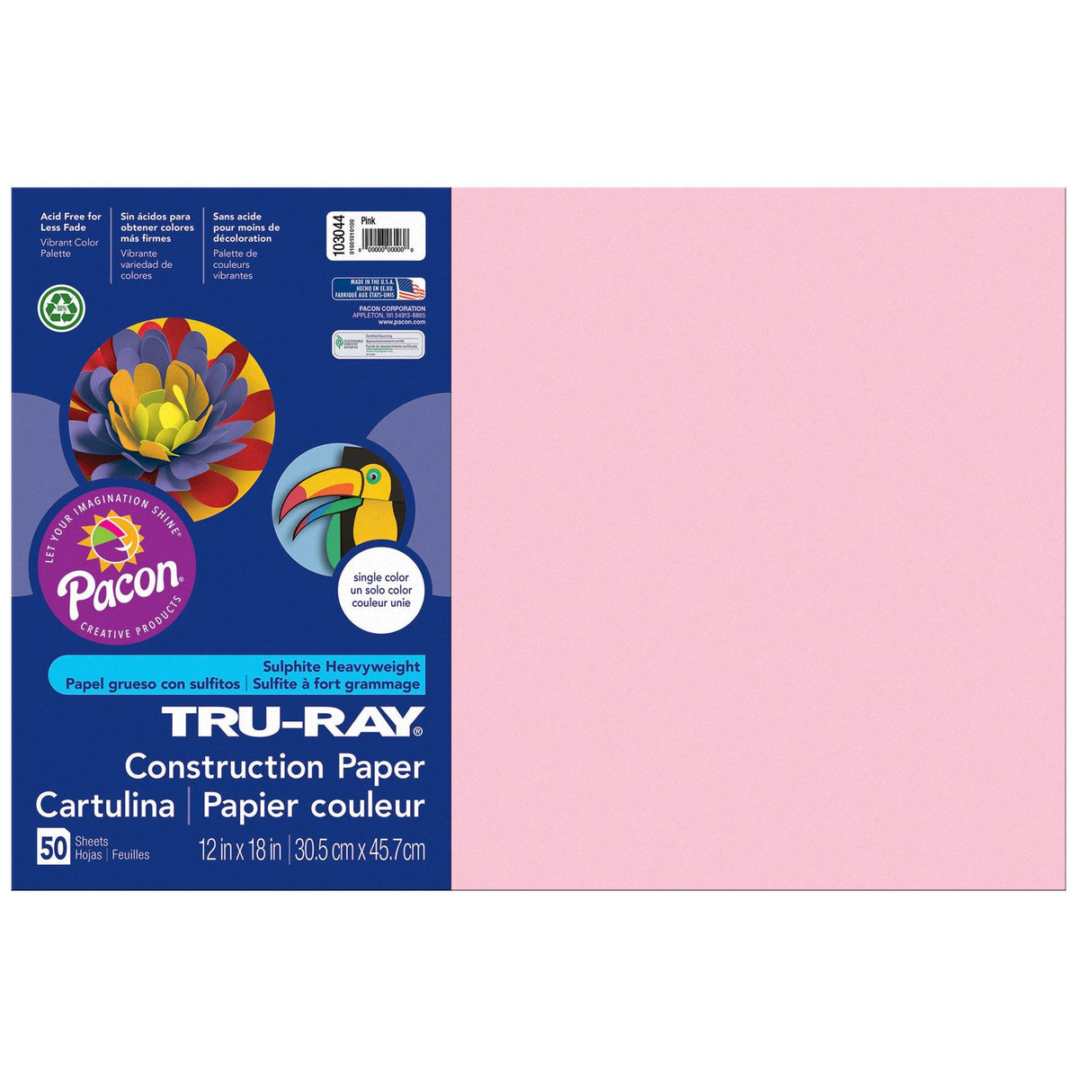 Construction Paper, Pink, 12" x 18", 50 Sheets Per Pack, 5 Packs - Loomini