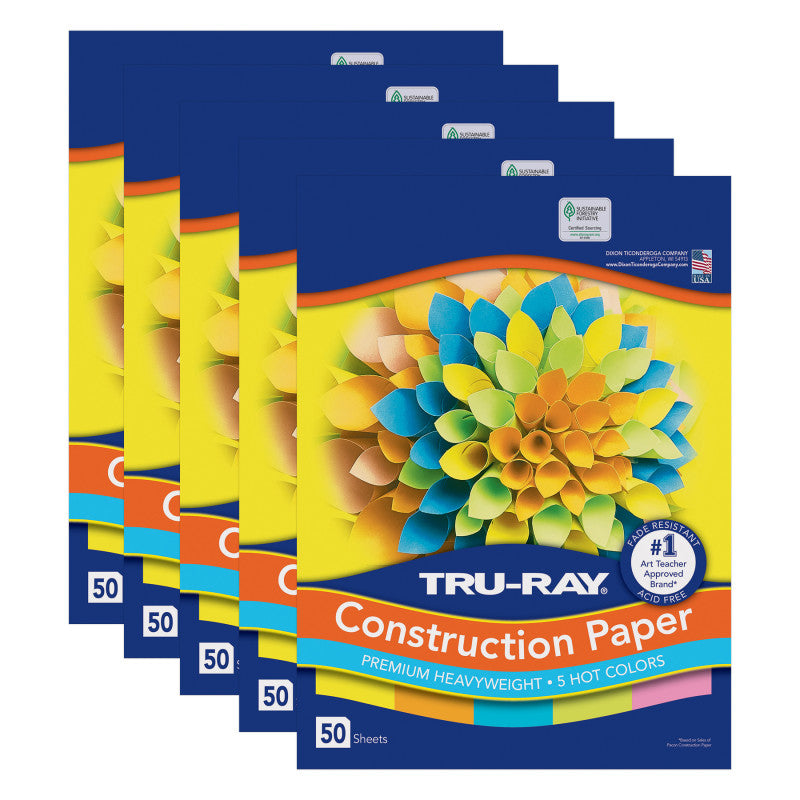 Construction Paper, Heavyweight, 5 Assorted Hot Colors, 9" x 12", 50 Sheets Per Pack, 5 Packs