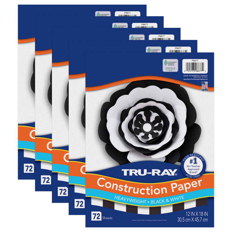 Premium Construction Paper, Heavyweight, Black & White, 12" x 18", 72 Sheets Per Pack, 5 Packs