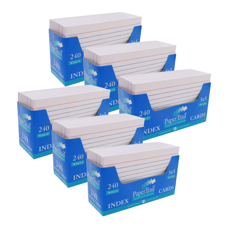 Trayed Index Cards, 3" x 5", White, 240 Per Pack, 6 Packs