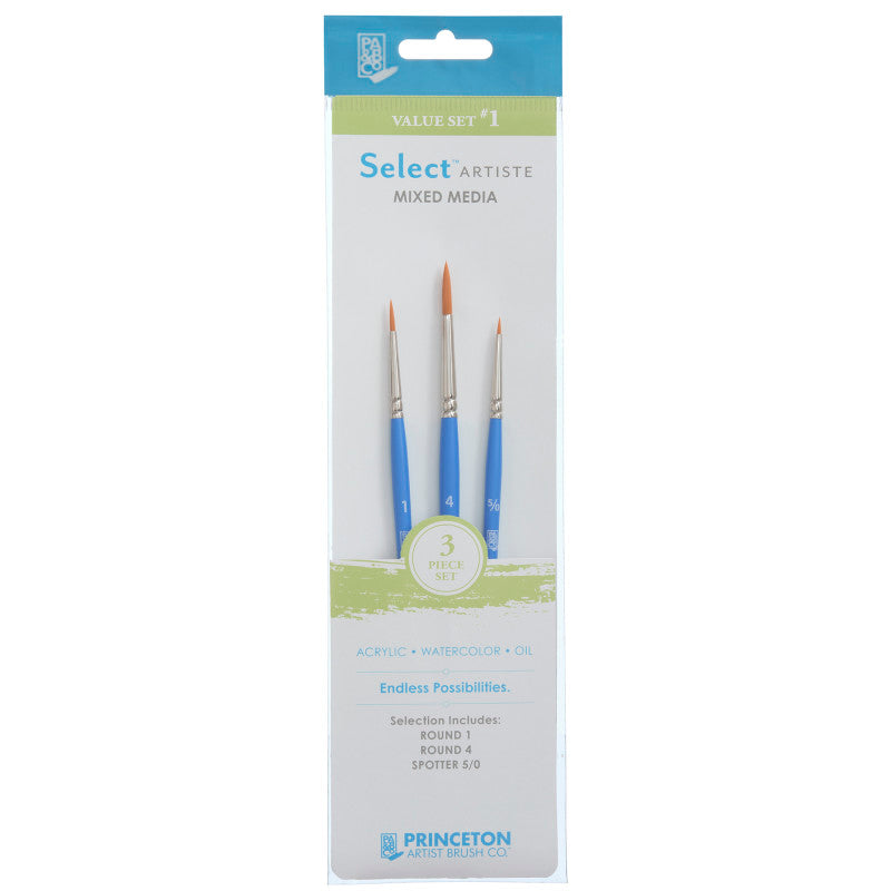 Select Artiste Brush Set No. 1, Synthetic Bristles, Short Handle Mixed Media Paintbrush, Jewel Blue, 3 Pieces