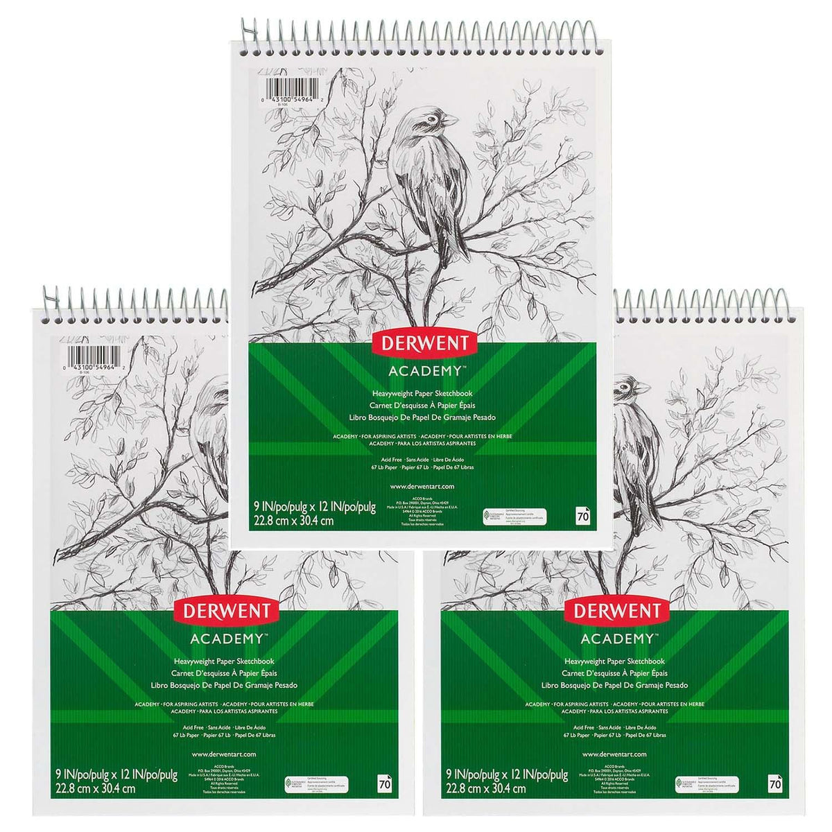 Derwent Academy™ Wirebound Sketchbook, 9" x 12", 70 Sheets, Pack of 3 - Loomini
