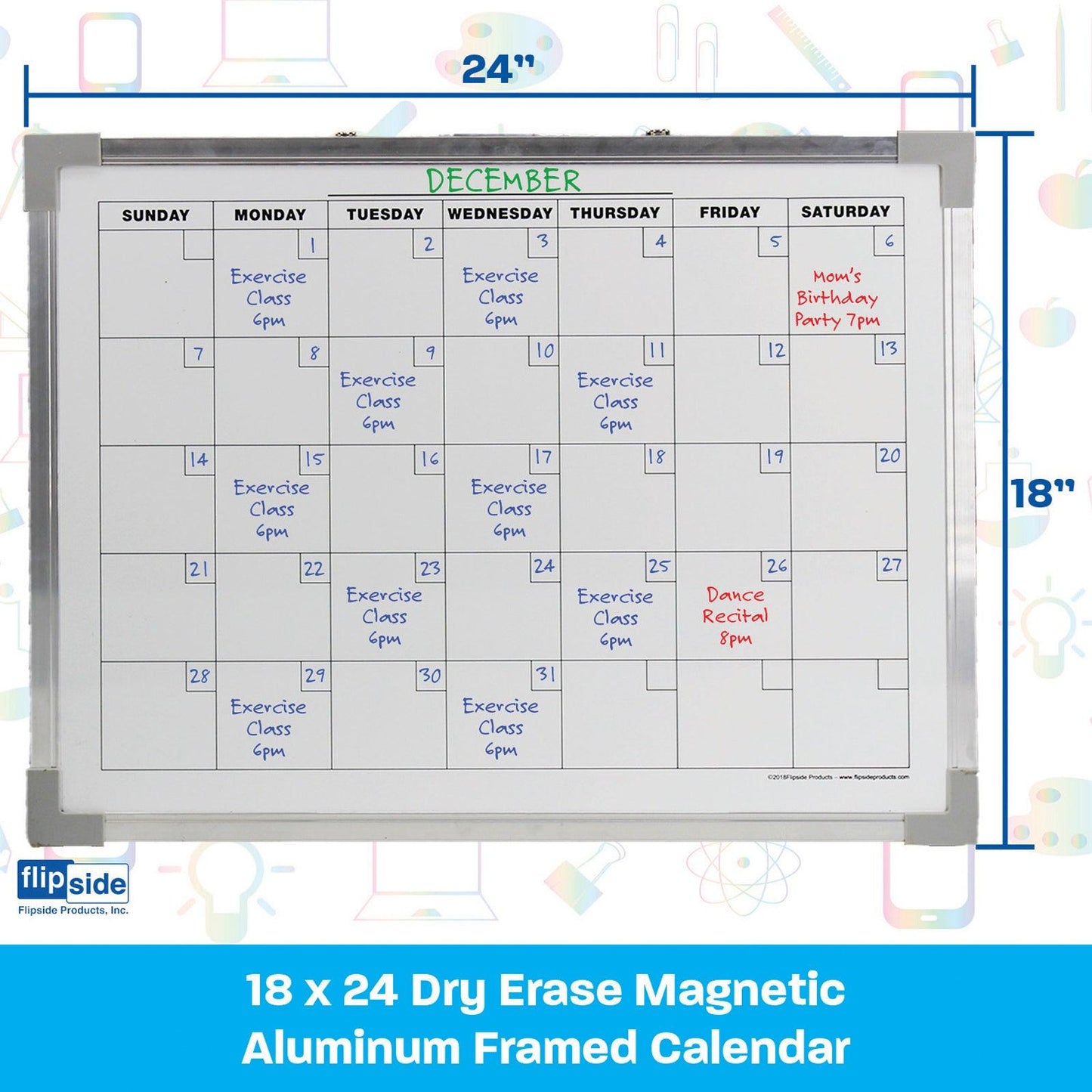 Dry Erase Magnetic Aluminum Framed Calendar, 18" x 24" - Loomini
