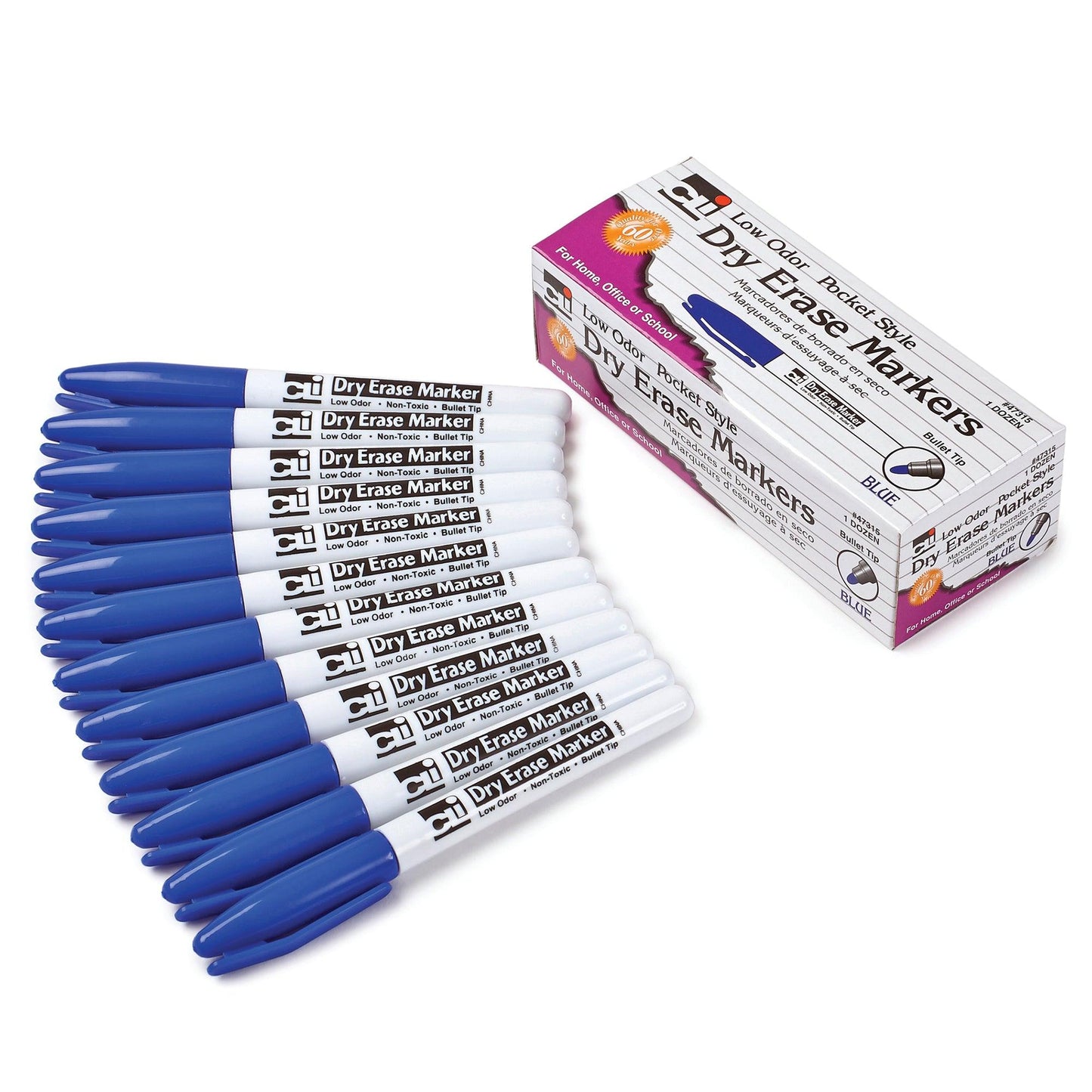 Dry Erase Markers, Low Odor, Pocket Style, Bullet Tip, Blue, 12 Per Box, 3 Boxes - Loomini