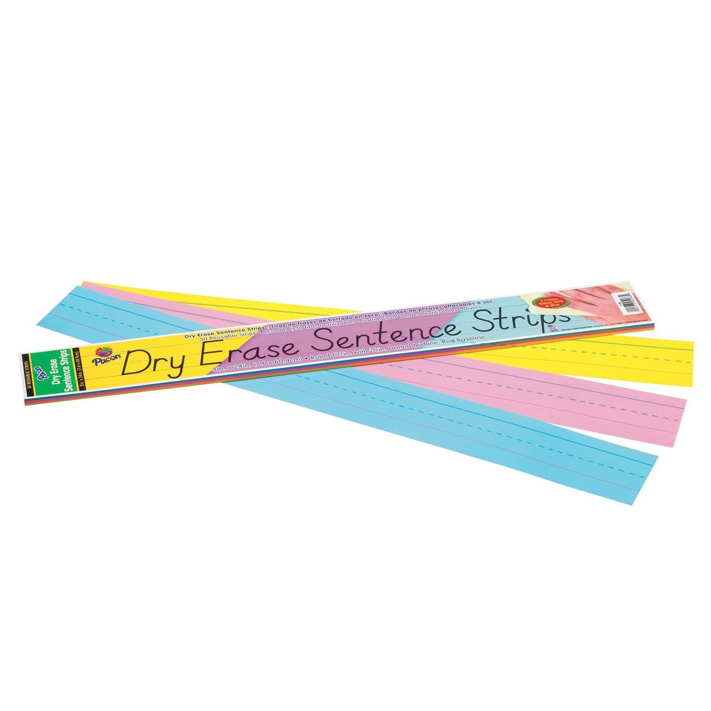 Dry Erase Sentence Strips, 3 Assorted Colors, 1-1/2" X 3/4" Ruled, 3" x 24", 30 Per Pack, 3 Packs - Loomini