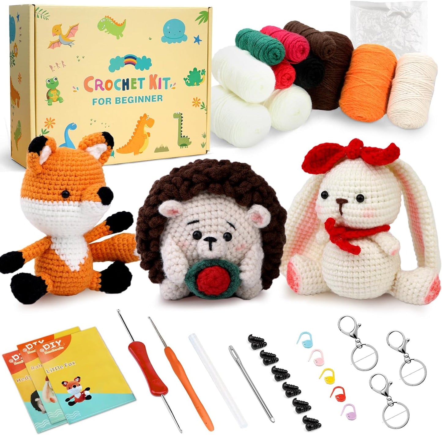 Crochet Kit for Beginners, 3 Pattern Animals-Owl, Penguin, Frog, Knitting Kit for Adult Kids with Step-By-Step Video Tutorials and Yarns, Hook, Accessories