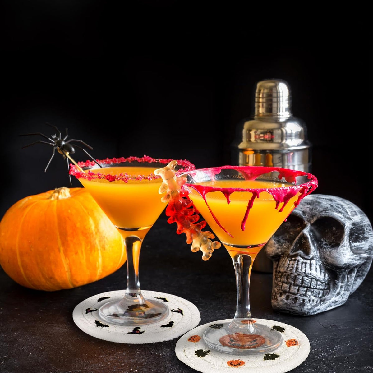Halloween Handmade Braided Drink Coasters Black Orange Pumpkins Witch Hats Absorbent Cotton Cup Coasters Heat Resistant Cup Mats for Halloween Home Kitchen Office Table Decor, 4.3 Inch
