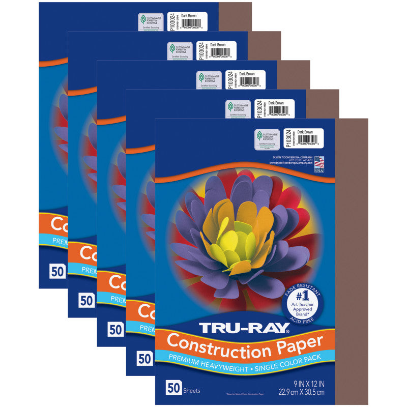Construction Paper, Heavyweight, Dark Brown, 9" x 12", 50 Sheets Per Pack, 5 Packs