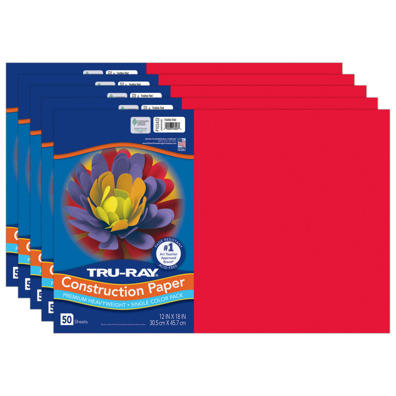 Construction Paper, Heavyweight, Festive Red, 12" x 18", 50 Sheets Per Pack, 5 Packs