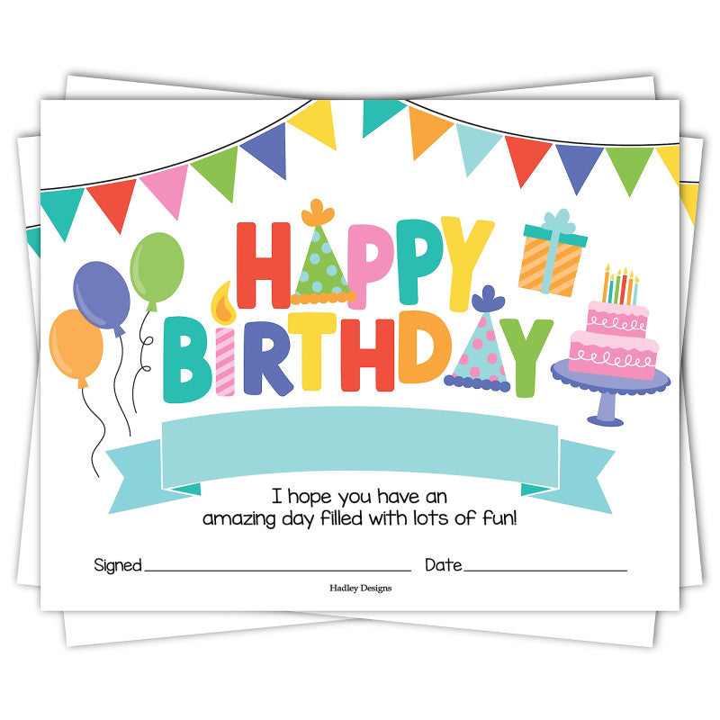 Colorful Happy Birthday Certificates For Students, Set of 25