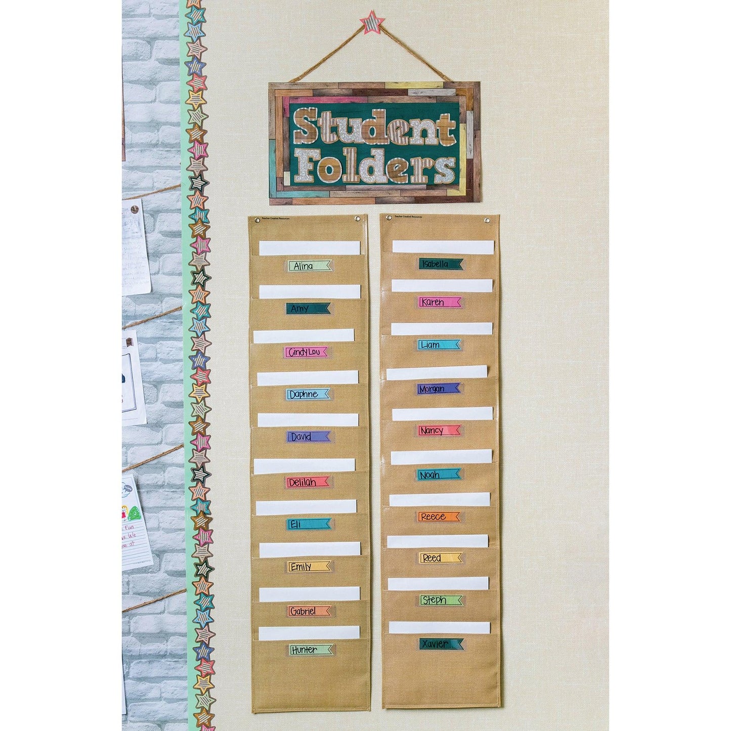 File Storage Pocket Chart, 10 Pockets, Burlap Design, 14" x 58" - Loomini