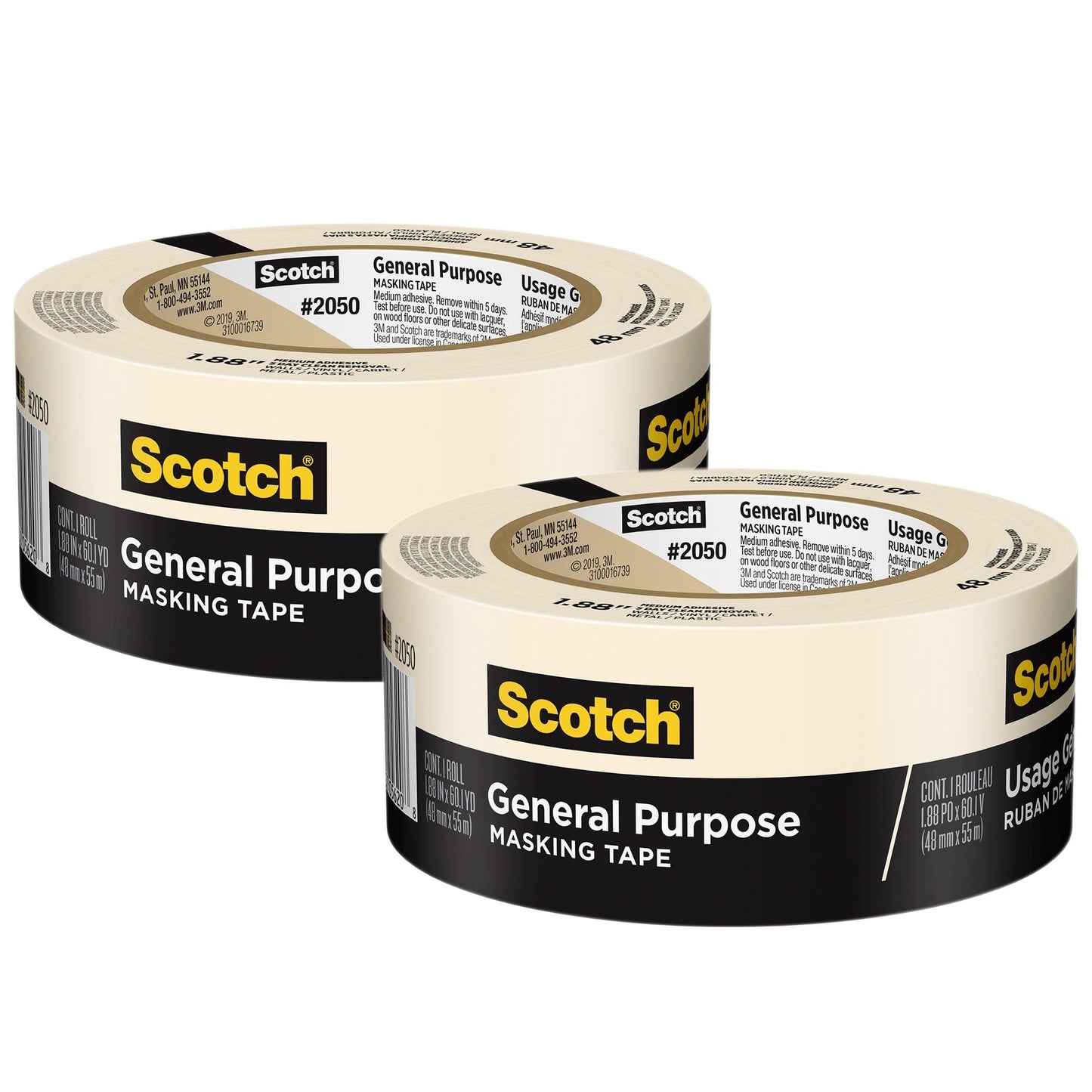 General Purpose Masking Tape, 1.88 in x 60.1 yd (48mm x 55m), 2 Rolls - Loomini