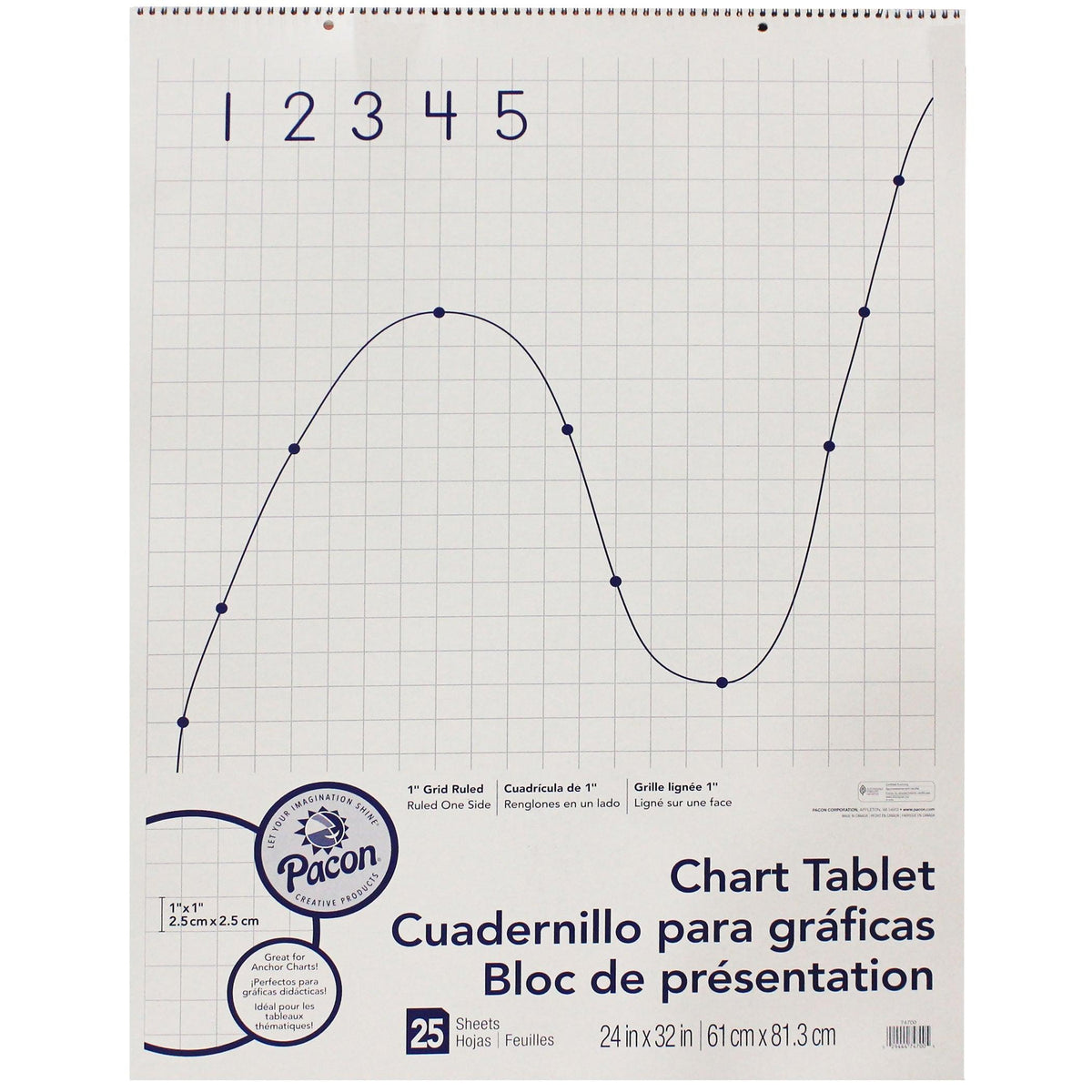 Grid Ruled Chart Tablet, Spiral Bound, 1" Grid, 24" x 32", 25 Sheets, Pack of 2 - Loomini