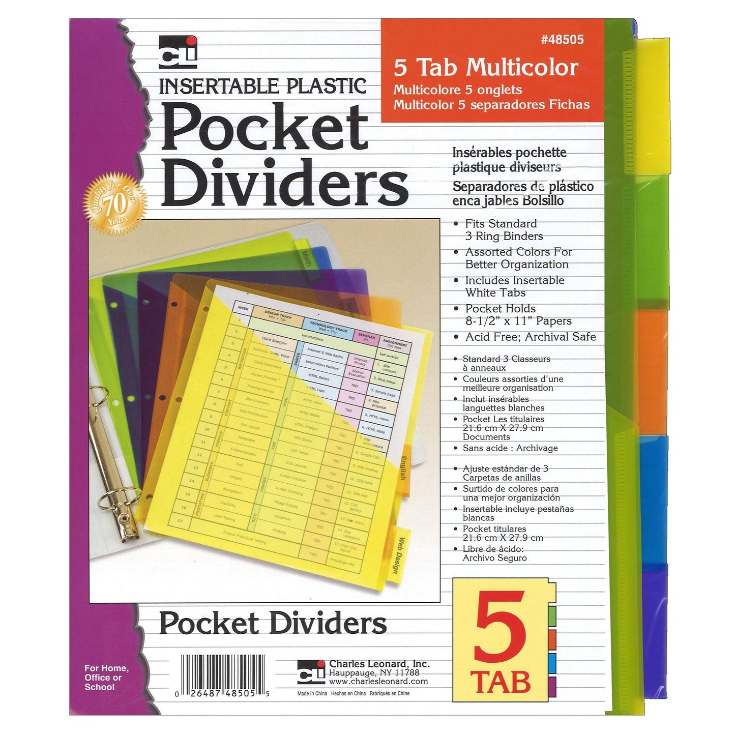Index Dividers with Pockets, 5-Tab, Assorted Colors, 5/Pack, 6 Packs - Loomini