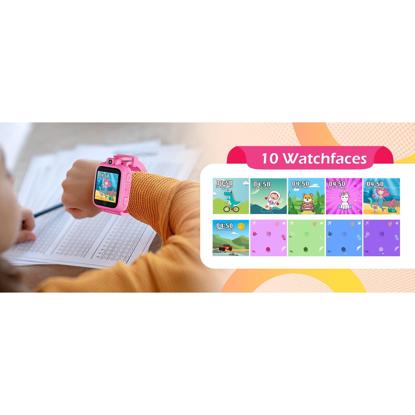 KW1 Smart Watch for Kids with Educational Games, HD Touch Screen, Camera, and MP3 Music Player, Pink - Loomini