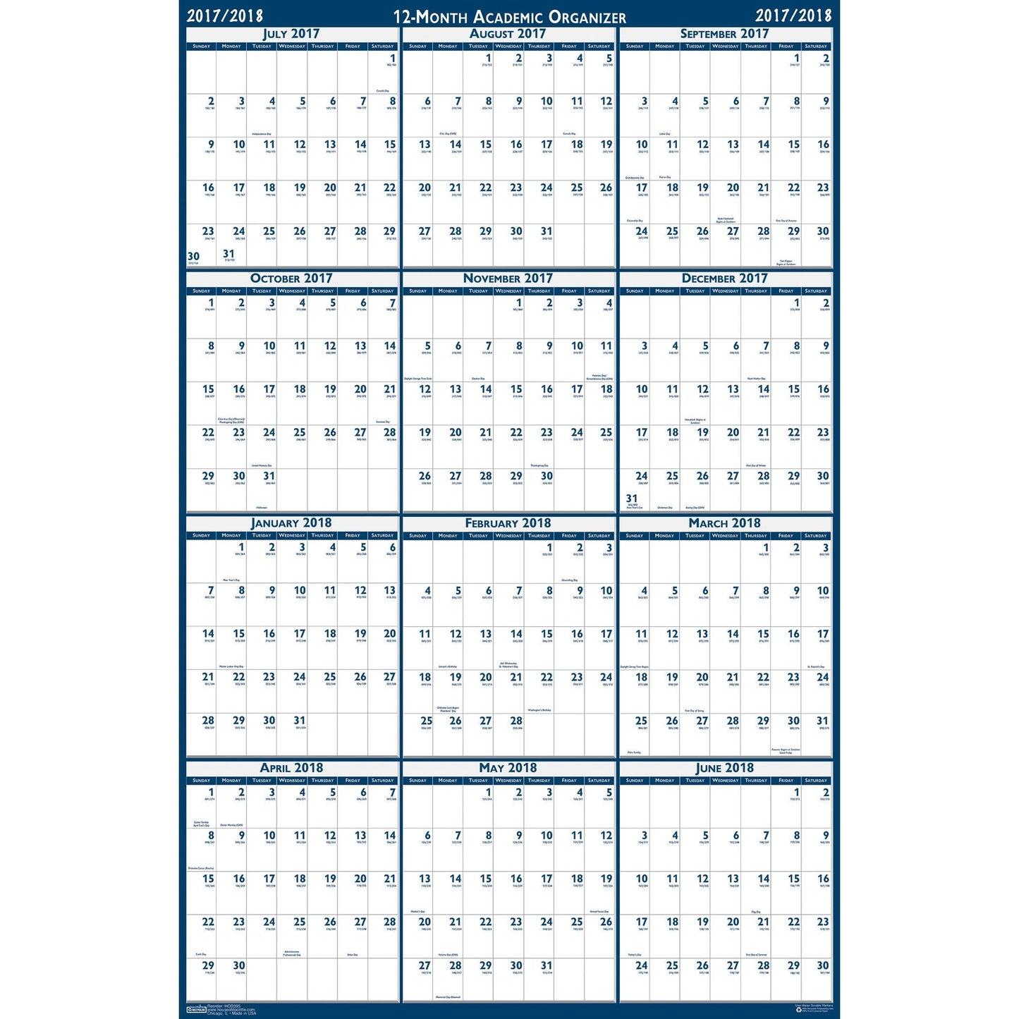 Laminated Wipe Off Wall Academic Calendar, Reversible, 18" x 24" - Loomini