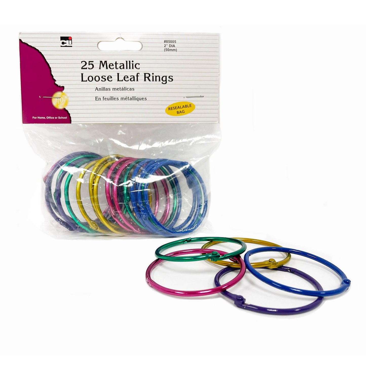 Loose Leaf Rings, 2" Diameter, Metallic Assorted Colors, 25 Per Pack, 3 Packs - Loomini