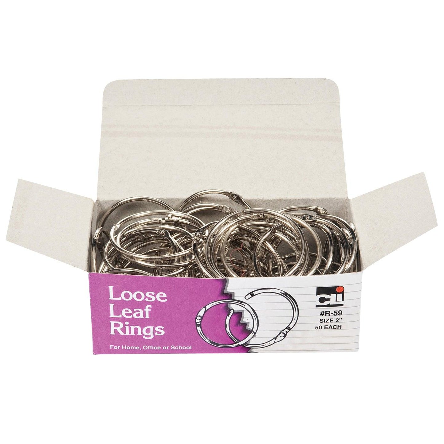 Loose Leaf Rings with Snap Closure, Nickel Plated, 2 Inch Diameter, 50 Per Box, 2 Boxes - Loomini