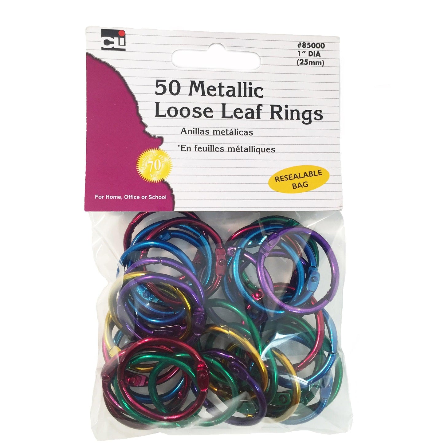 Metallic Book Rings, 1", Assorted Colors, 50 Per Pack, 3 Packs - Loomini