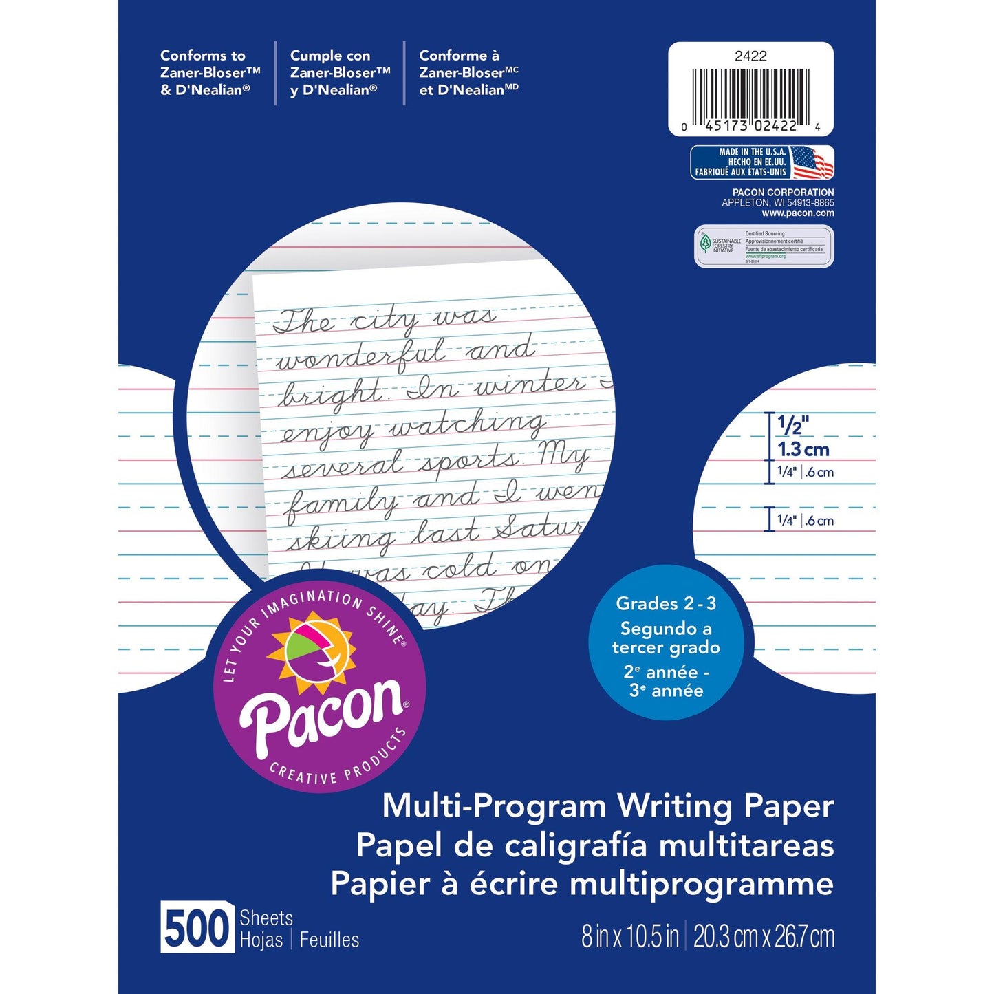 Multi-Program Handwriting Paper, 1/2" Ruled (Short Way), White, 10-1/2" x 8", 500 SheetsPer Pack, 2 Packs - Loomini