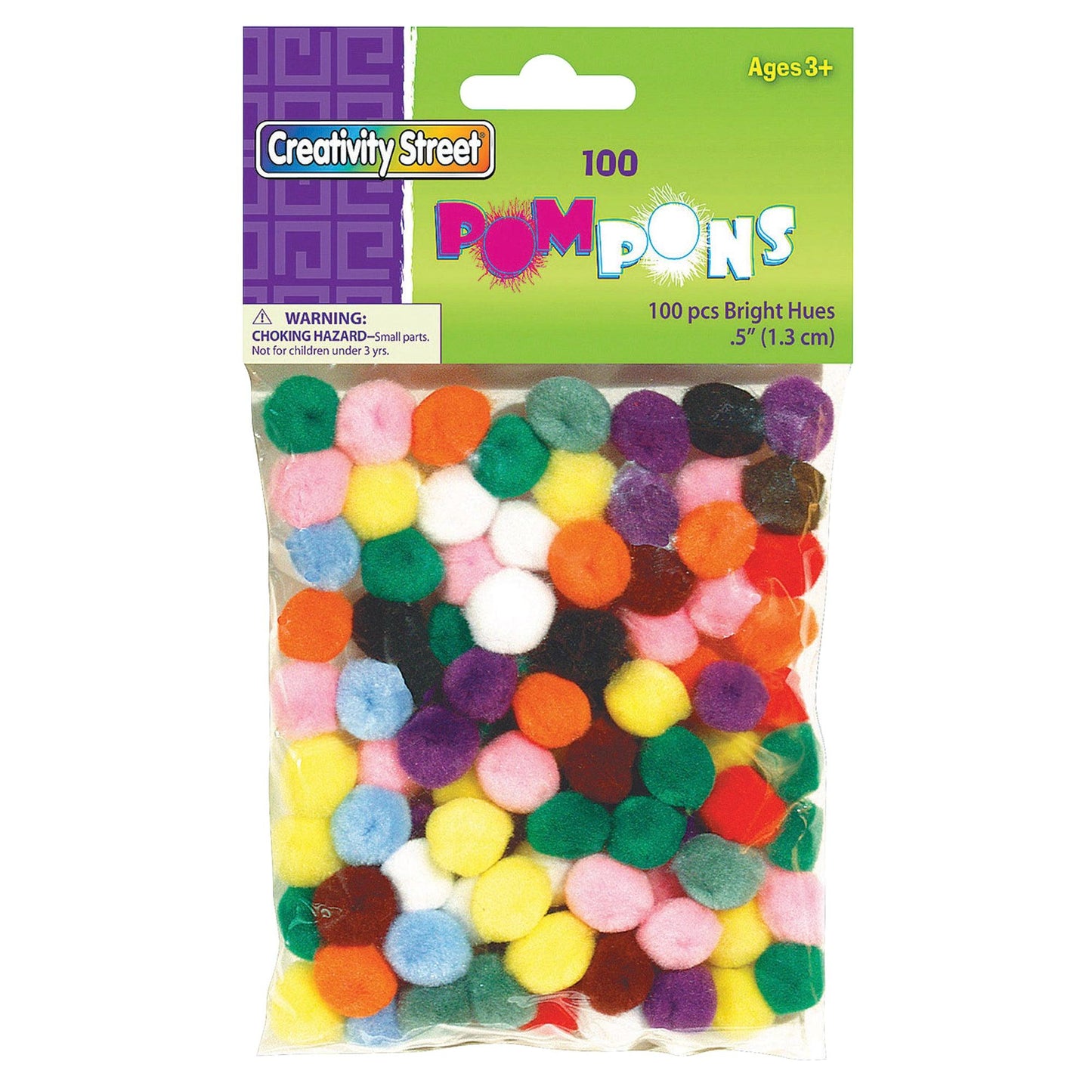 Pom Pons, Bright Hues Assortment, 0.5", 100 Pieces Per Pack, 12 Packs - Loomini