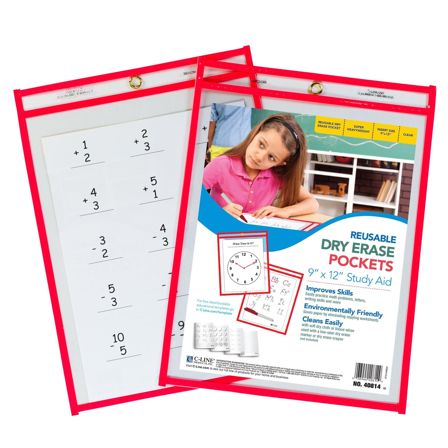 Reusable Dry Erase Pocket - Study Aid, Neon Red, 9" x 12", Pack of 10 - Loomini