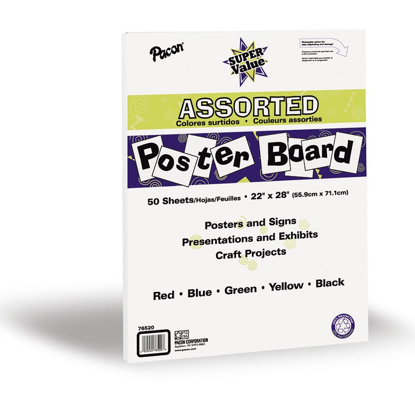 Super Value Poster Board, 5 Assorted Colors, 22" x 28", 50 Sheets - Loomini