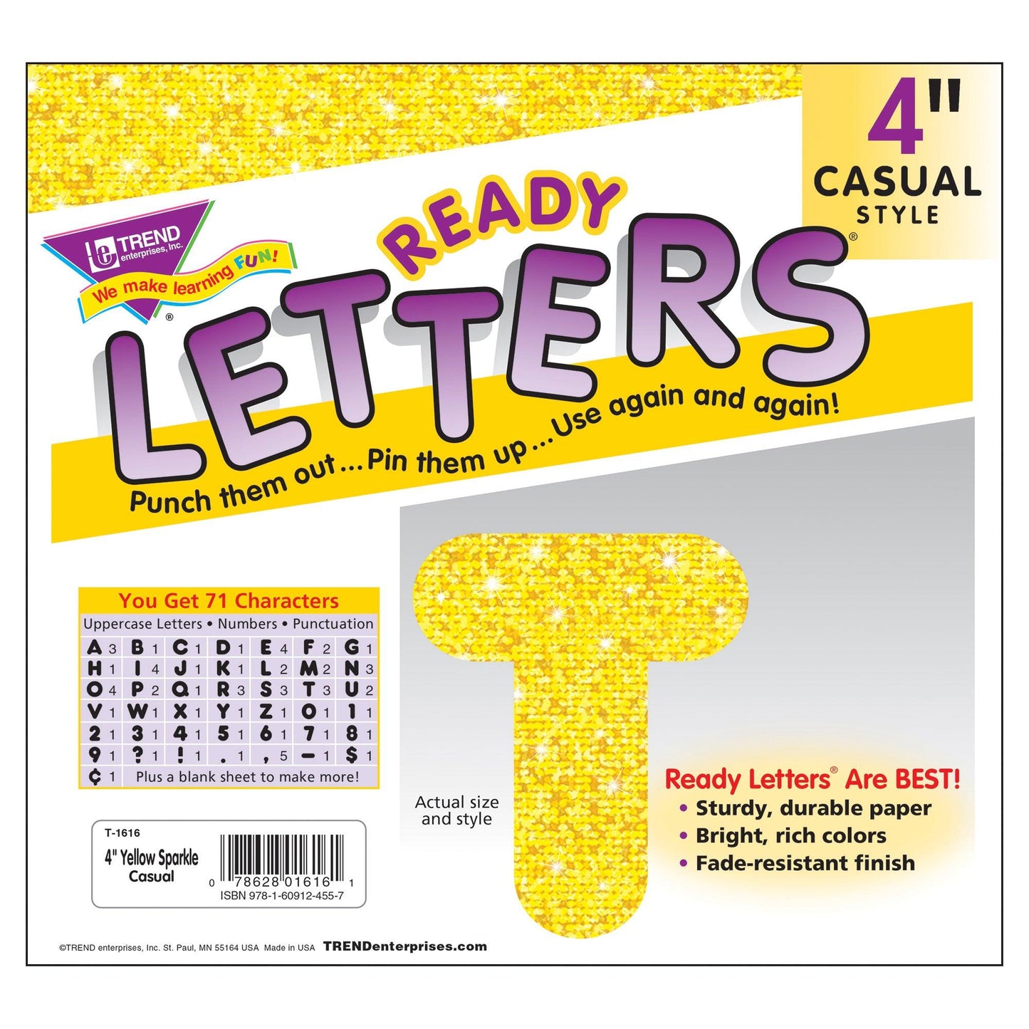Yellow Sparkle 4" Casual Uppercase Ready Letters®, 71 Per Pack, 3 Packs - Loomini