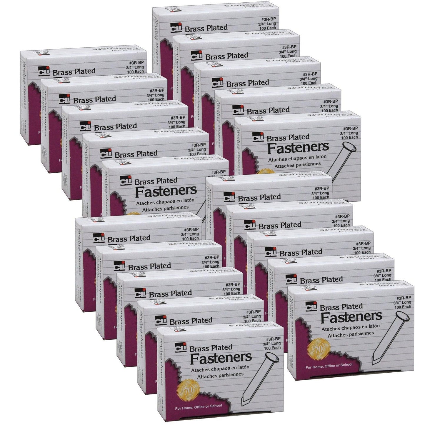 Brass Plated Paper Fasteners, 3/4", 100 Per Box, 20 Boxes - Loomini