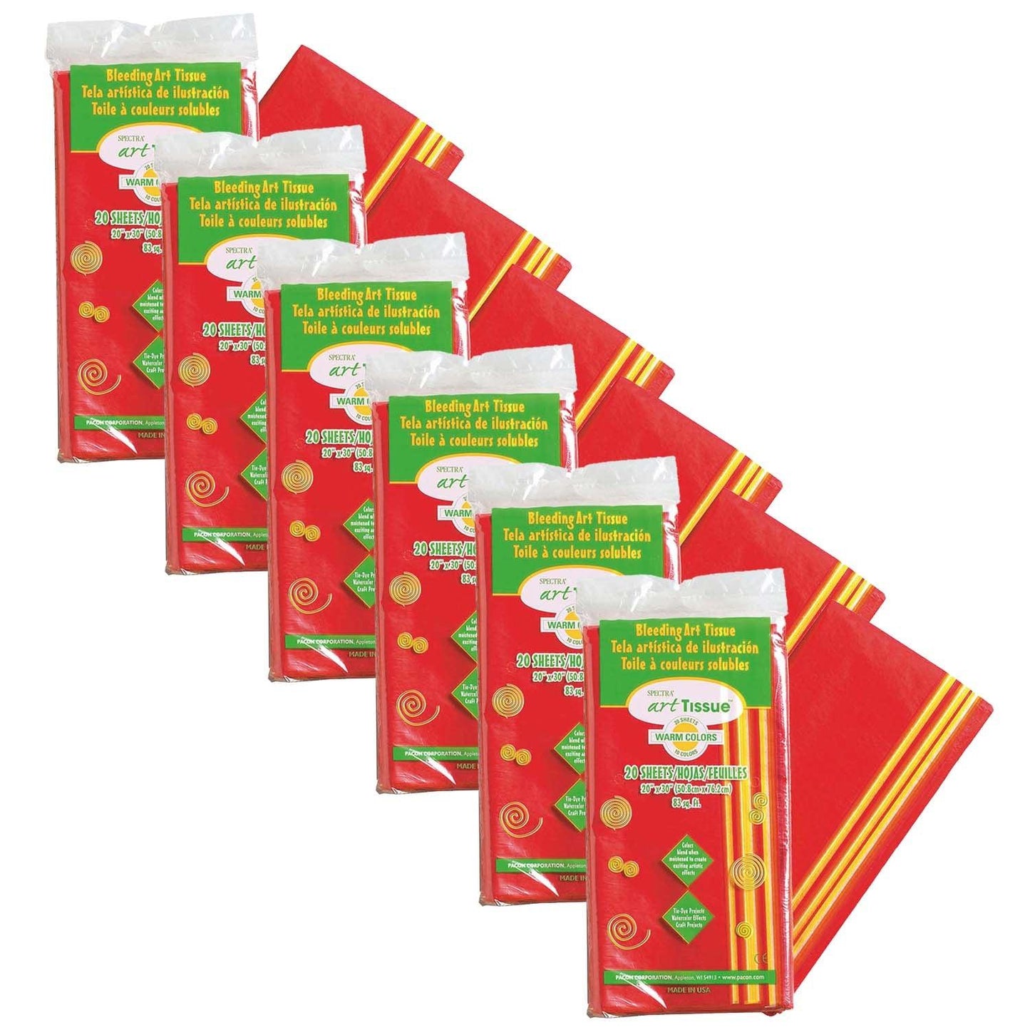 Deluxe Bleeding Art Tissue, 10 Color Warm Assortment, 20" x 30", 20 Sheets Per Pack, 6 Packs - Loomini