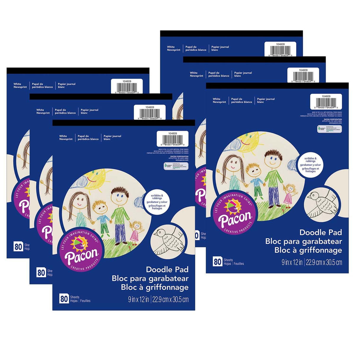 Doodle Pad, White, 9" x 12", 80 Sheets, Pack of 6 - Loomini