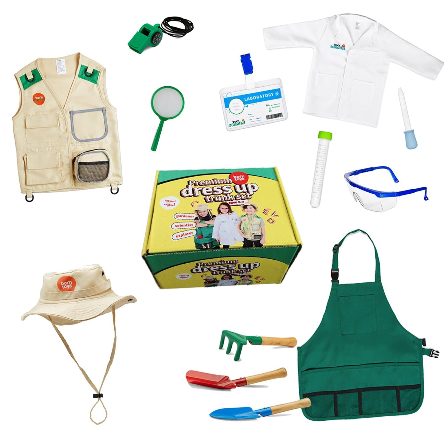 Dress Up / Drama Play Trunk Set, Scientist-Explorer-Gardening - Loomini