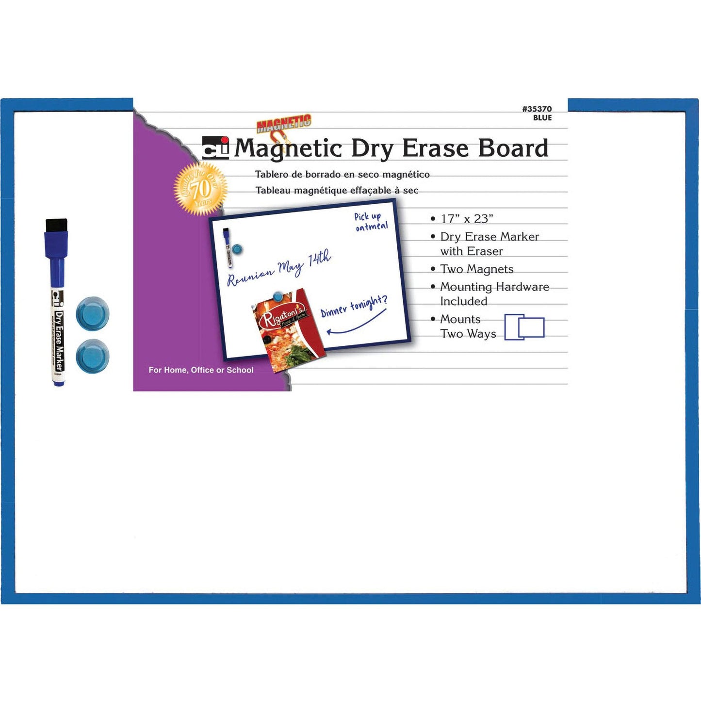 Magnetic Dry Erase Board, 17" x 23", w/Eraser/Marker and 2 Magnets, Blue Frame, 1 Each - Loomini