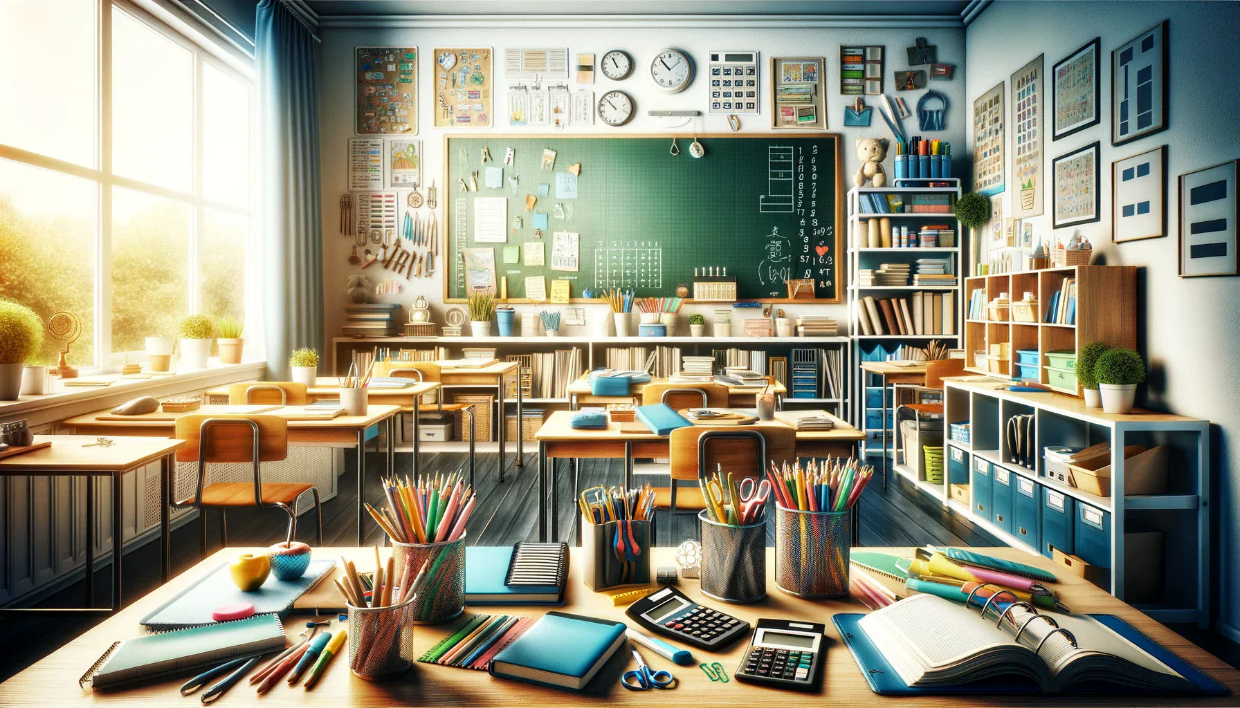 Image of a classroom with school supplies and office supplies