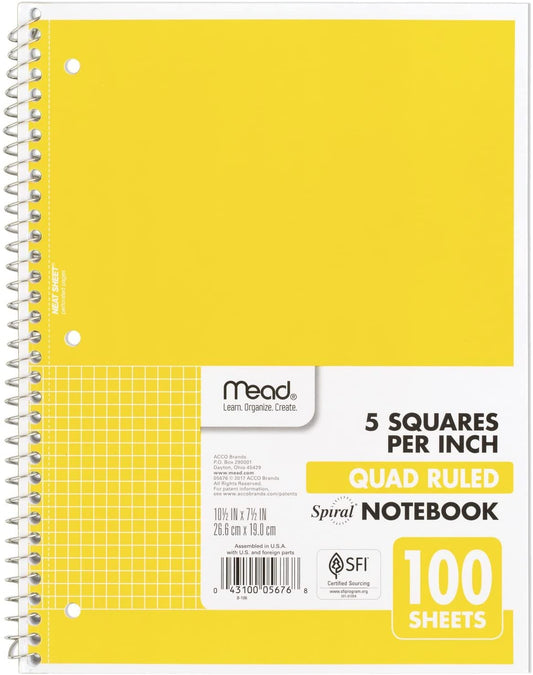 Spiral Notebook, 1-Subject, Graph Ruled Paper, 7-1/2" X 10-1/2", 100 Sheets, Yellow (05676AZ7)