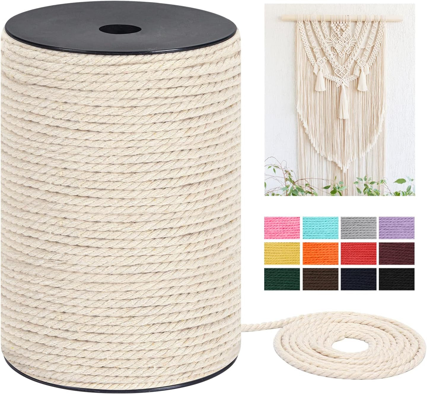 Macrame Cord 3Mm X 328Yards(984Feet), Natural Cotton Macrame Rope - 3 Strands Twisted Macrame Cotton Cord for Wall Hanging, Plant Hangers, Crafts, Gift Wrapping and Wedding Decorations