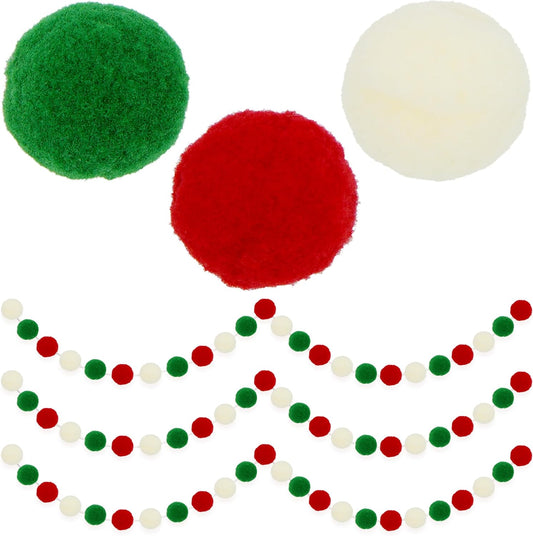 3 Pack Christmas Pom Poms Garland, 7Ft Each, String Banner Felt Ball Garland in Red, White, Green, Colorful Pom Pom Balls for Christmas Tree, Mantel, Staircase, Ornament Home/Room Decor