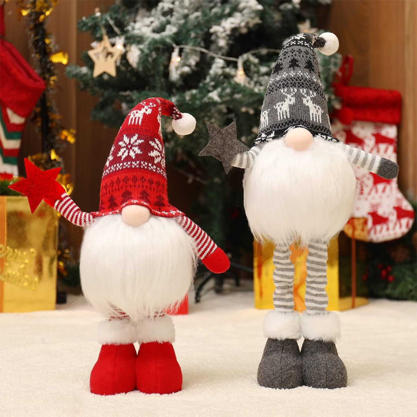 2Pcs 24.8 Inch Large Size Lighted Standing Christmas Gnomes Decorations with Retractable Spring Legs Light up Christmas Knome Gift Winter Tabletop Christmas Decorations