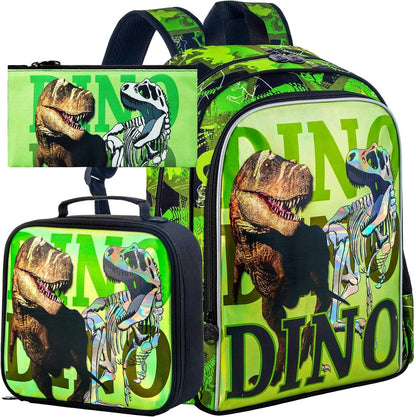 3PCS Dinosaur Backpack for Boys, 16 Inch Kids Water Resistant Preschool Bookbags, Cool Elementary Kindergarten School Backpacks and Lunch Box