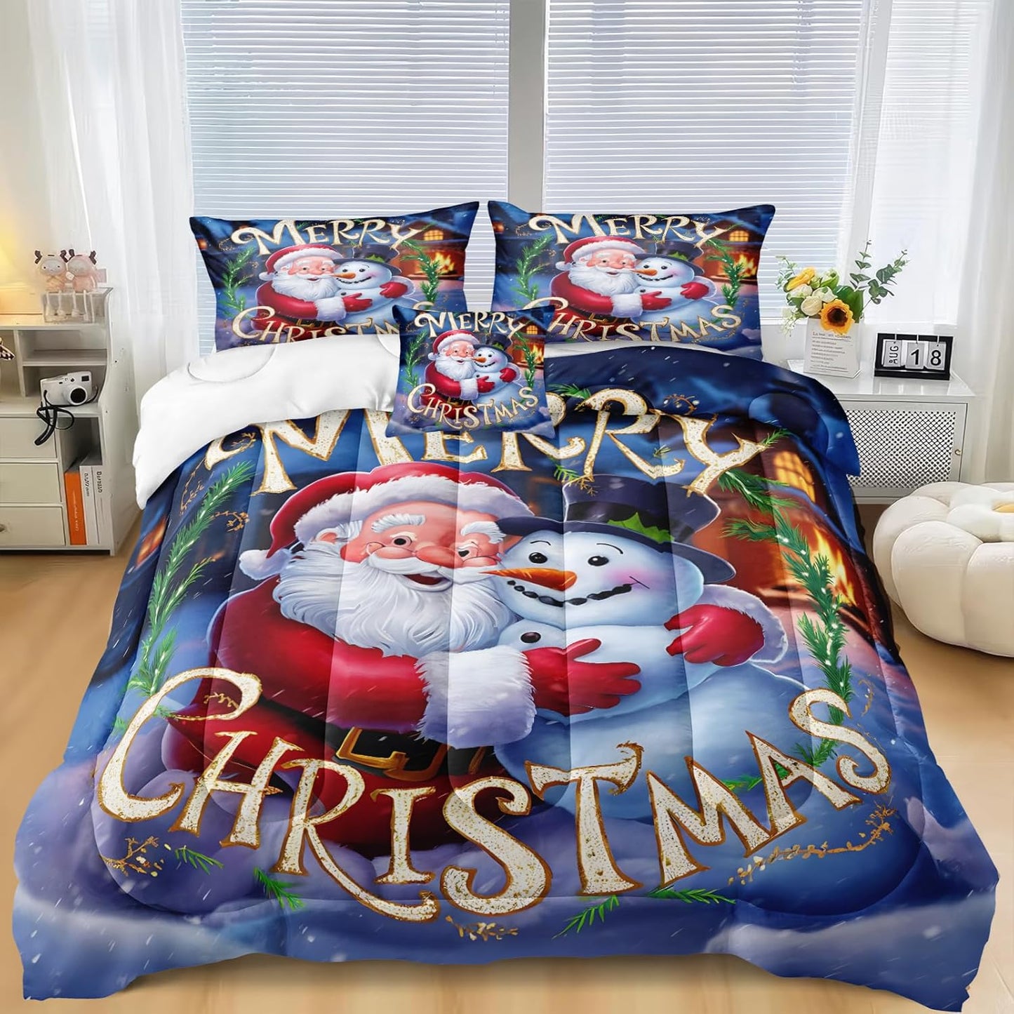 Christmas Comforter Set Santa Claus and Snowman Comforter Set King Size 4 Pieces Christmas Themed Bedding Set Christmas Night Bedding Comforter Set